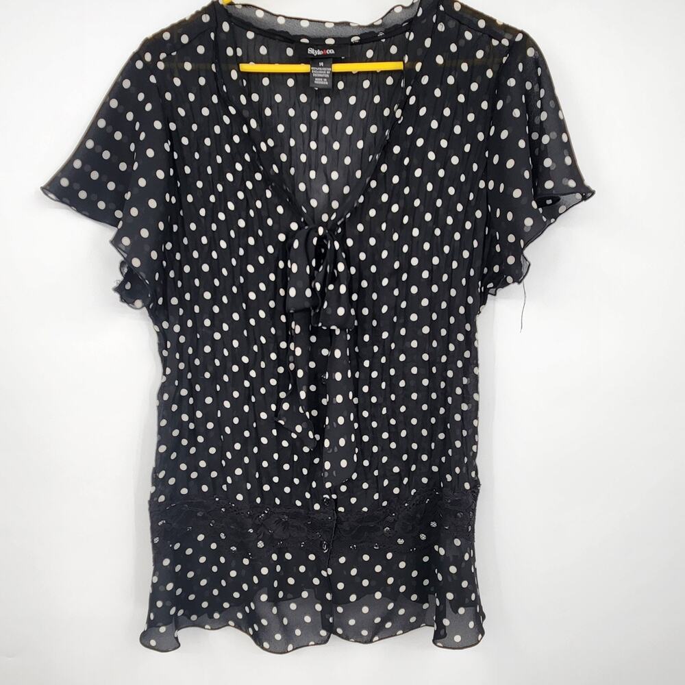 Style & Co Tunic Top Women 14 Black White Polka Dot Long Sleeve Blouse Polyester